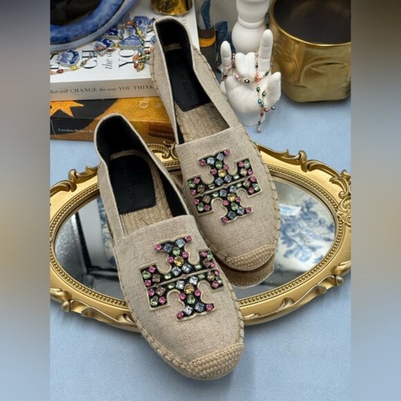 🆕 TORY BURCH 🧿 NWOB Ines Linen & Leather Bejewelled Espadrilles - Sz 8 M - Picture 6 of 11